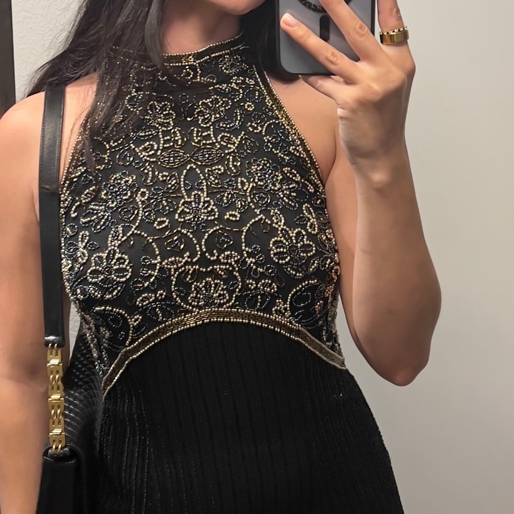Vintage Niteline Della Roufogali Black/Gold Beaded Dress 100% Silk Gorgeus!